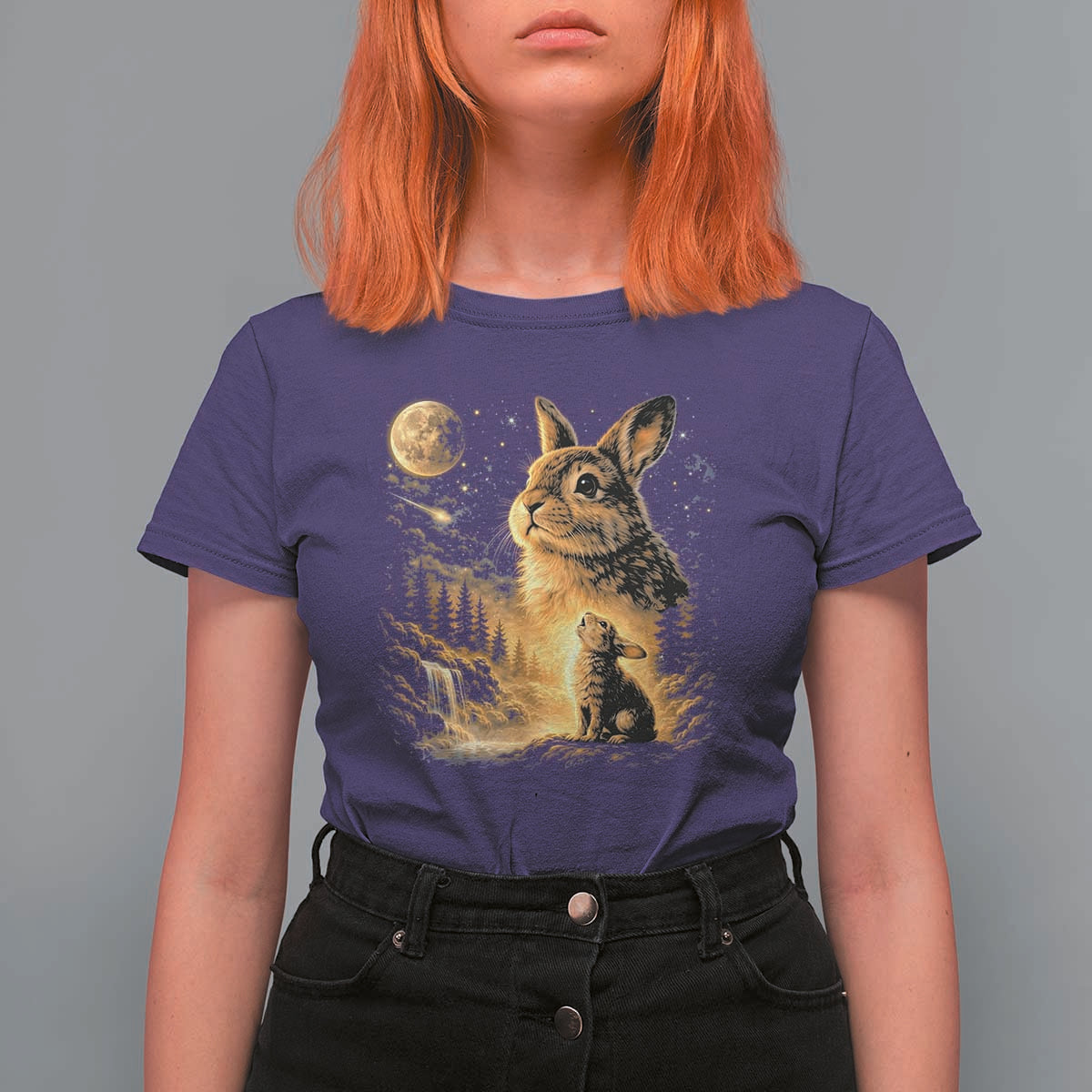 Mystical Moonlit Bunny Graphic T Shirt For Women Glowing Rabbit Under Full Moon Waterfall Nature Scene