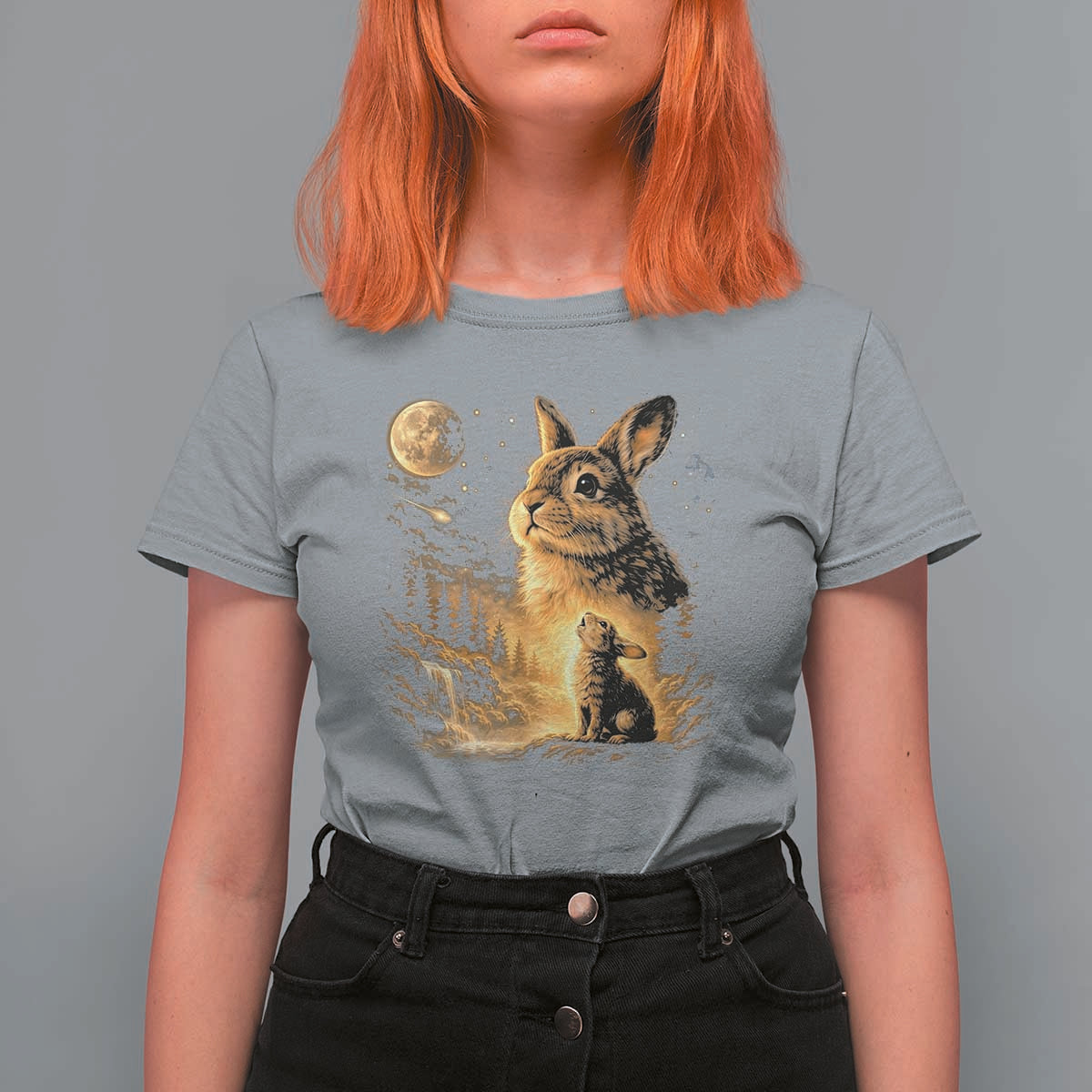 Mystical Moonlit Bunny Graphic T Shirt For Women Glowing Rabbit Under Full Moon Waterfall Nature Scene