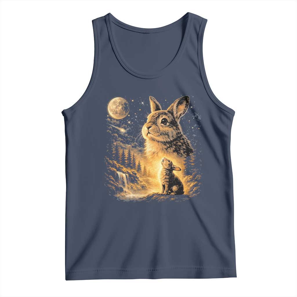 Mystical Moonlit Bunny Graphic Tank Top Glowing Rabbit Under Full Moon Waterfall Nature Scene