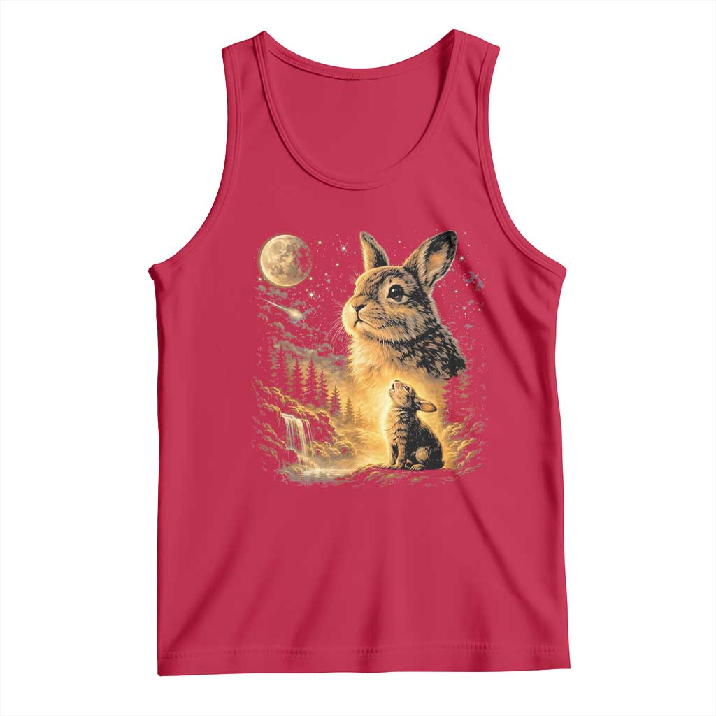 Mystical Moonlit Bunny Graphic Tank Top Glowing Rabbit Under Full Moon Waterfall Nature Scene