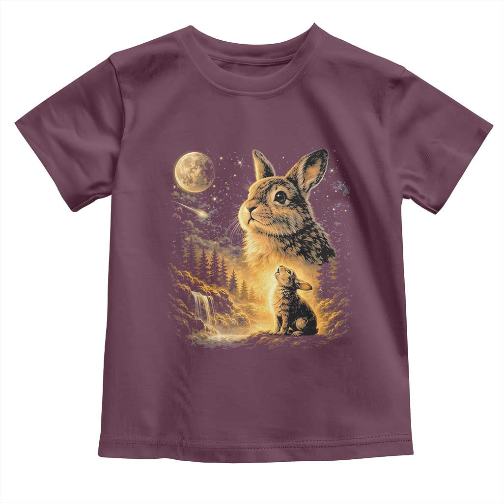 Mystical Moonlit Bunny Graphic Toddler T Shirt Glowing Rabbit Under Full Moon Waterfall Nature Scene