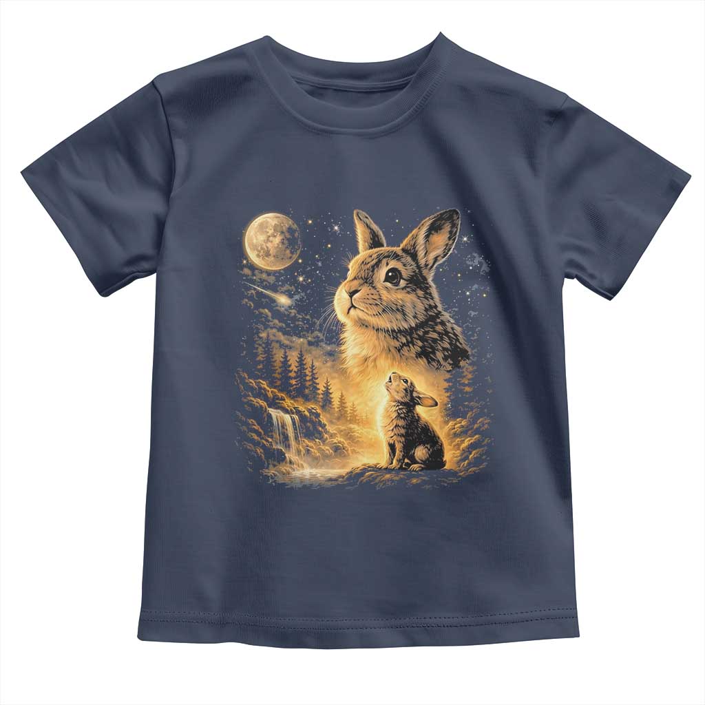 Mystical Moonlit Bunny Graphic Toddler T Shirt Glowing Rabbit Under Full Moon Waterfall Nature Scene