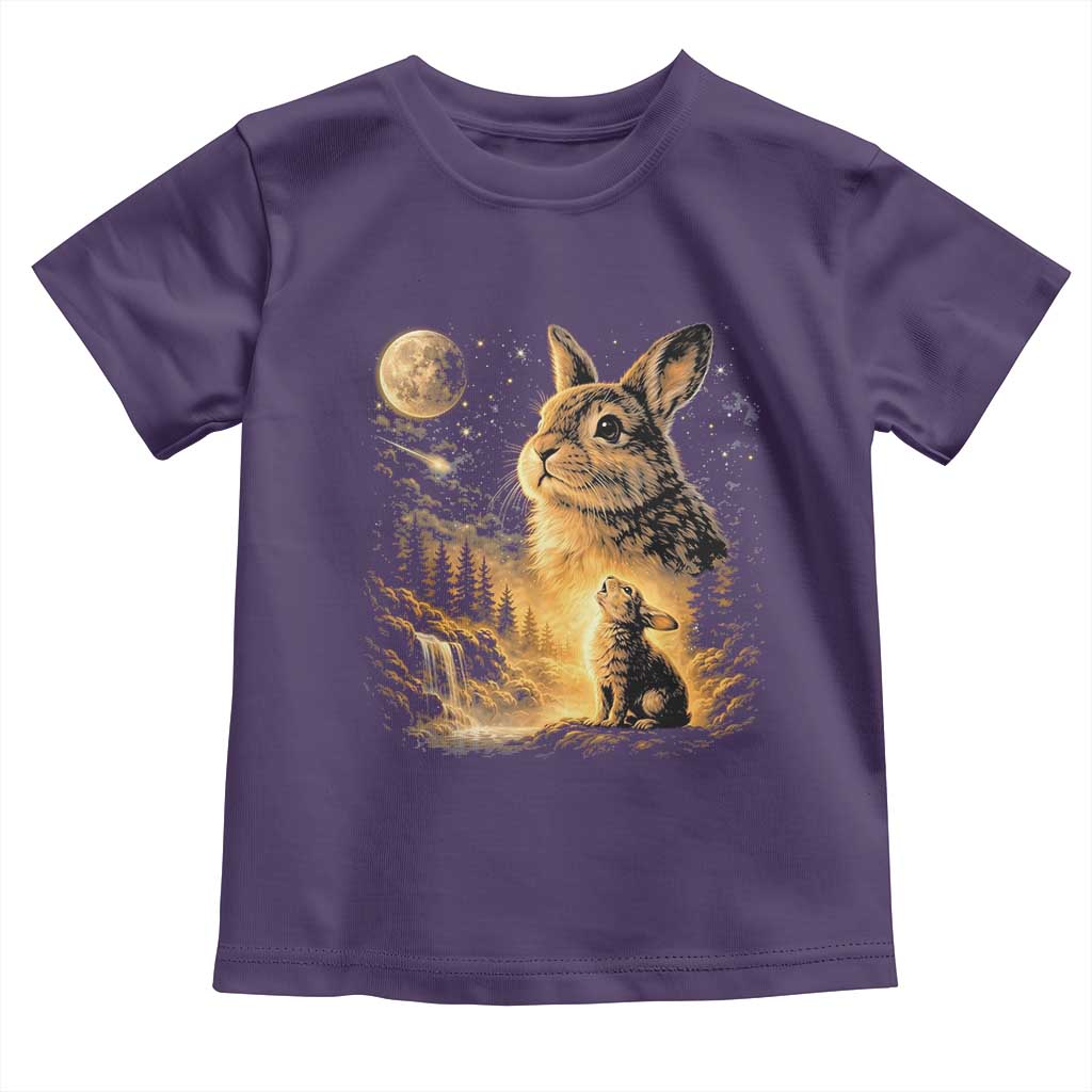 Mystical Moonlit Bunny Graphic Toddler T Shirt Glowing Rabbit Under Full Moon Waterfall Nature Scene