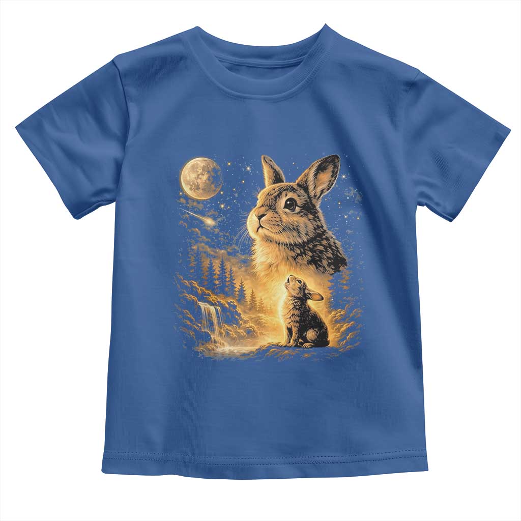 Mystical Moonlit Bunny Graphic Toddler T Shirt Glowing Rabbit Under Full Moon Waterfall Nature Scene
