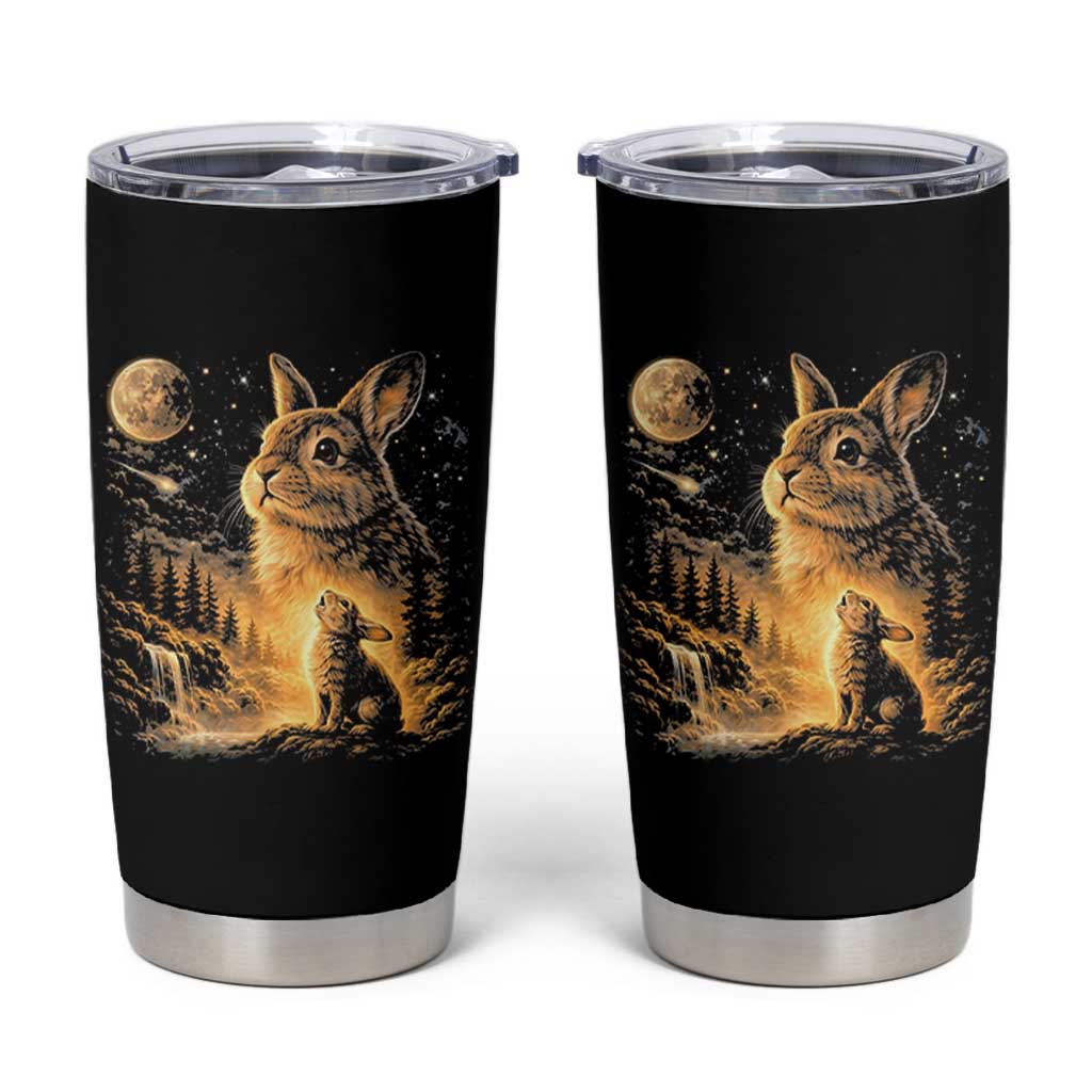 Mystical Moonlit Bunny Graphic Tumbler Cup Glowing Rabbit Under Full Moon Waterfall Nature Scene