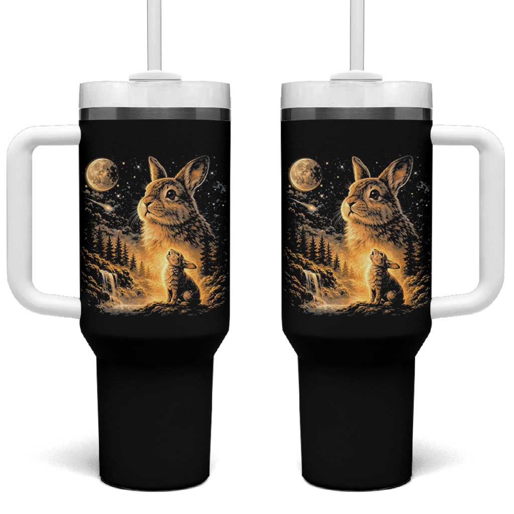 Mystical Moonlit Bunny Graphic Tumbler With Handle Glowing Rabbit Under Full Moon Waterfall Nature Scene