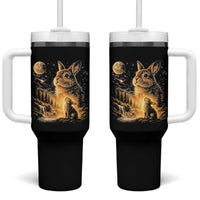 Mystical Moonlit Bunny Graphic Tumbler With Handle Glowing Rabbit Under Full Moon Waterfall Nature Scene