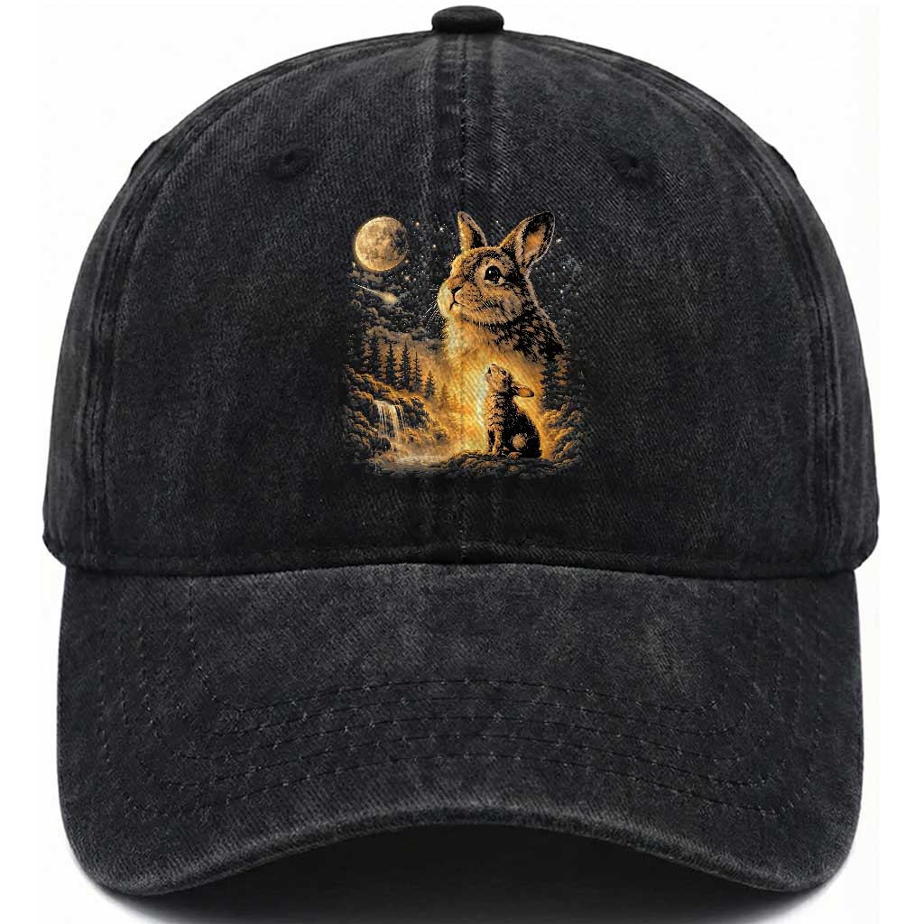 Mystical Moonlit Bunny Graphic Washed Cotton Baseball Cap Glowing Rabbit Under Full Moon Waterfall Nature Scene