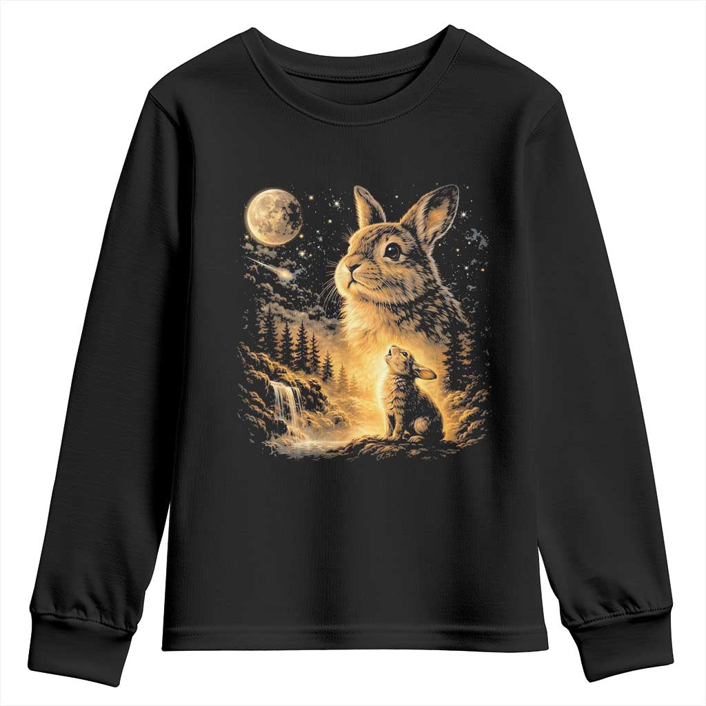 Mystical Moonlit Bunny Graphic Youth Sweatshirt Glowing Rabbit Under Full Moon Waterfall Nature Scene