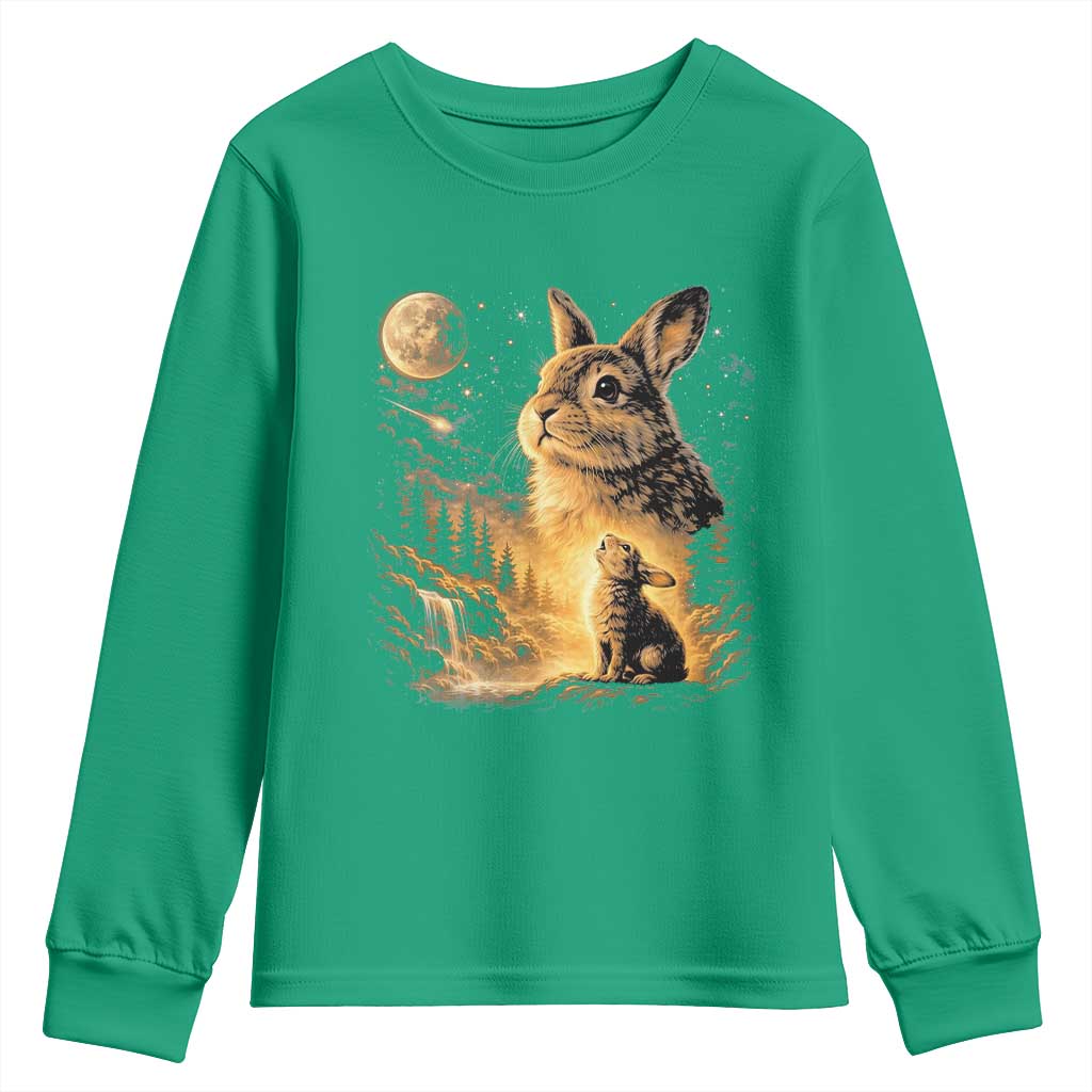 Mystical Moonlit Bunny Graphic Youth Sweatshirt Glowing Rabbit Under Full Moon Waterfall Nature Scene