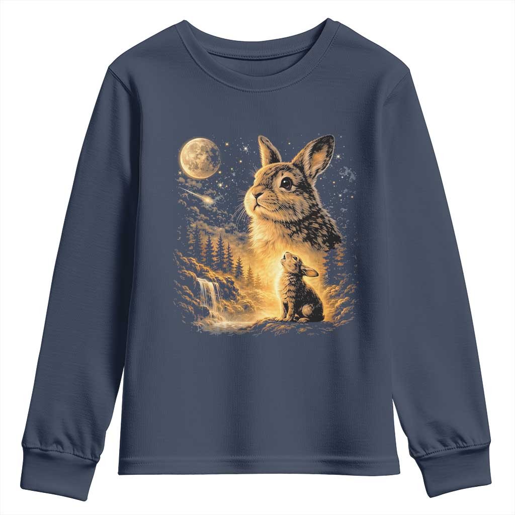 Mystical Moonlit Bunny Graphic Youth Sweatshirt Glowing Rabbit Under Full Moon Waterfall Nature Scene
