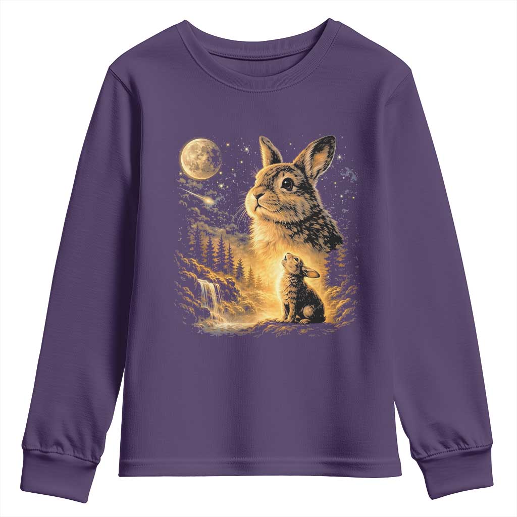 Mystical Moonlit Bunny Graphic Youth Sweatshirt Glowing Rabbit Under Full Moon Waterfall Nature Scene