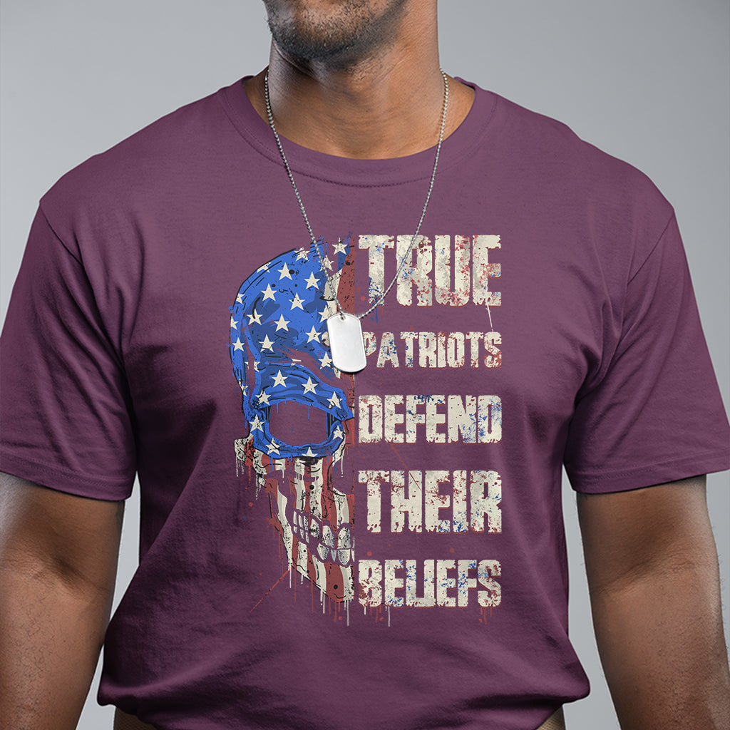 True Patriots Defends Their Beliefs American Patriotic Spirit American Flag Skull T Shirt - Wonder Print Shop