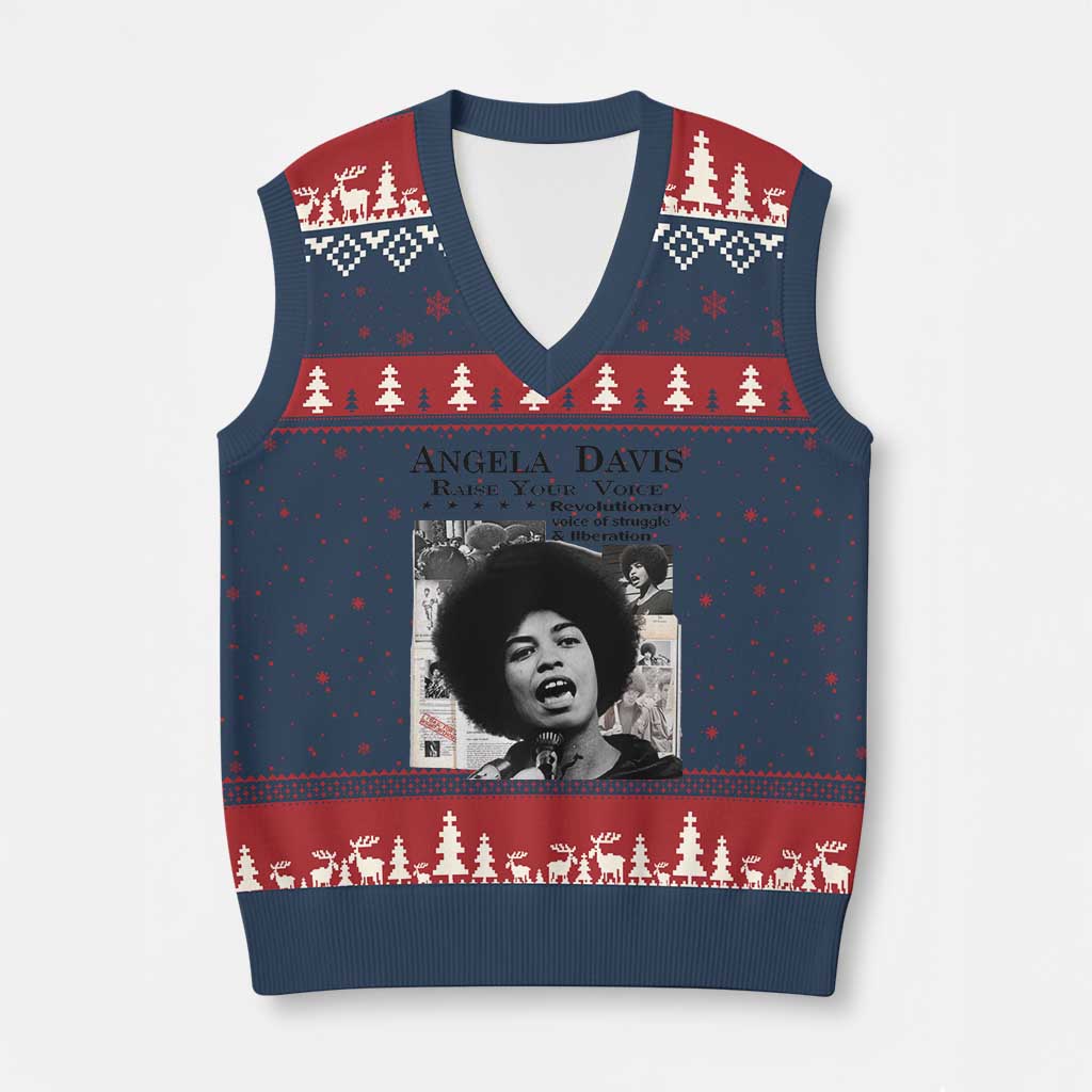 Angela Davis V-Neck Knit Sweater Vest Raise Your Voice Revolutionary Power Liberation - Wonder Print Shop