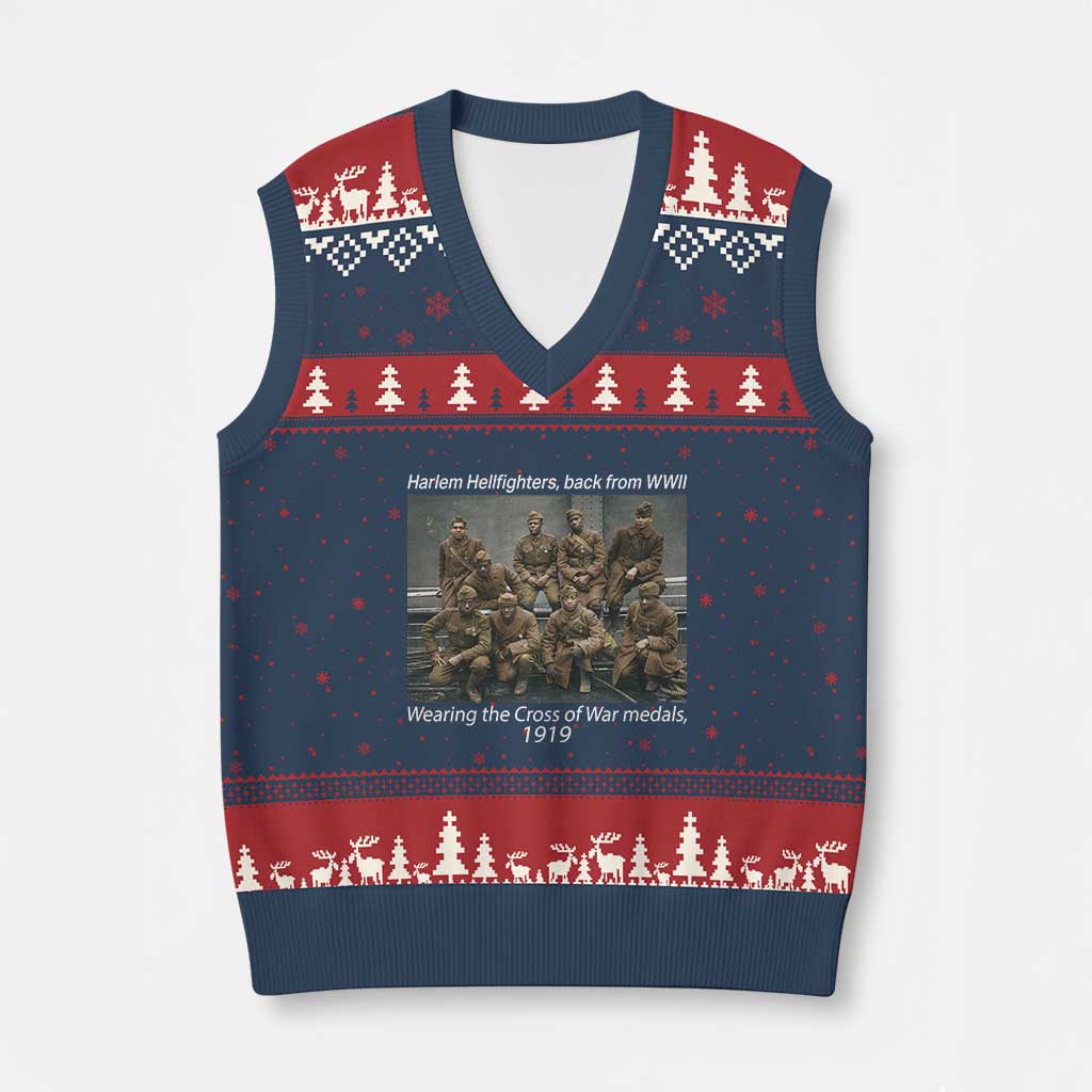 Harlem Hellfighters 1919 WWII Heroes V-Neck Knit Sweater Vest Cross of War Medal Tribute African American Black History - Wonder Print Shop
