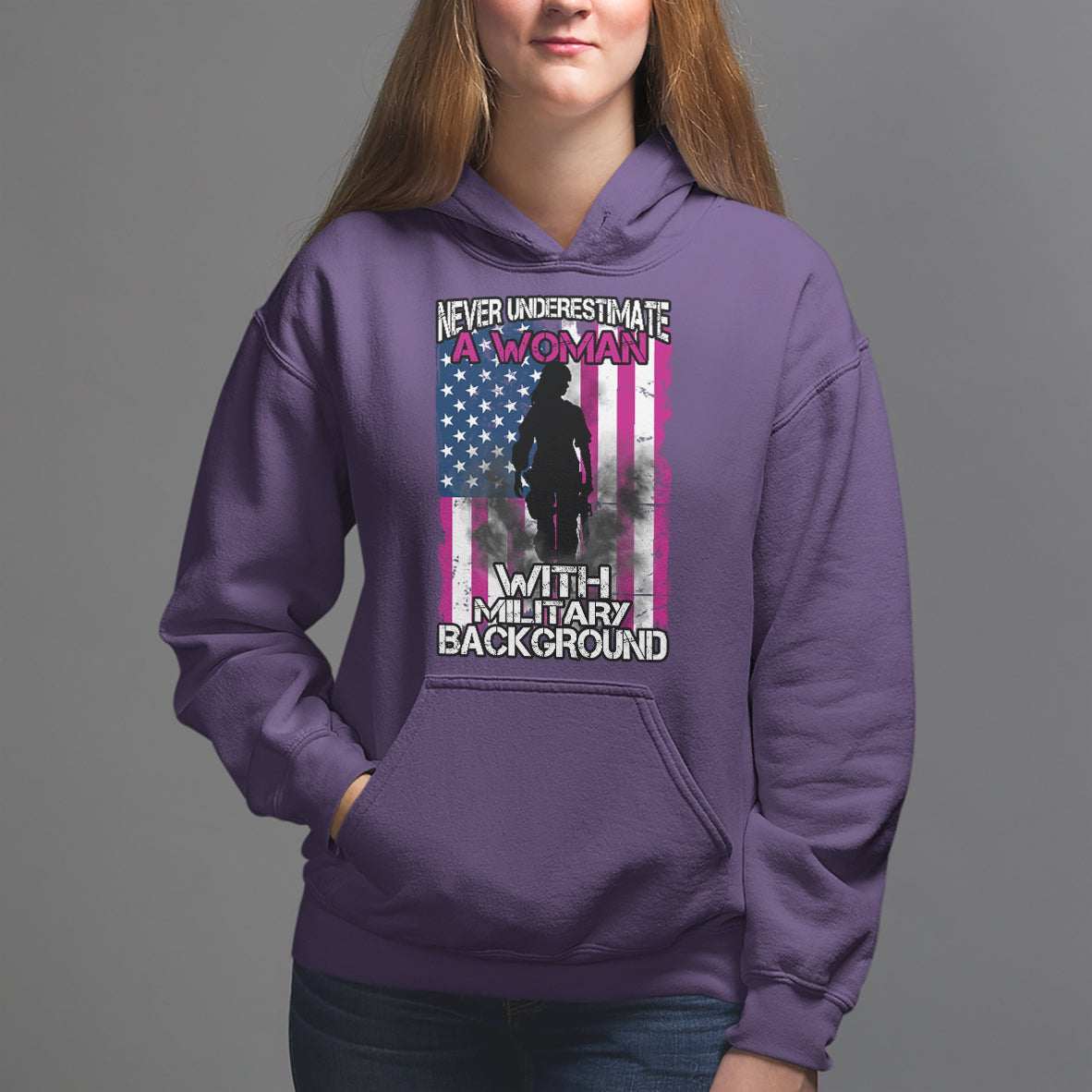 Female Veteran Hoodie Never Underestimate A Woman With Military Background American Flag - Wonder Print Shop