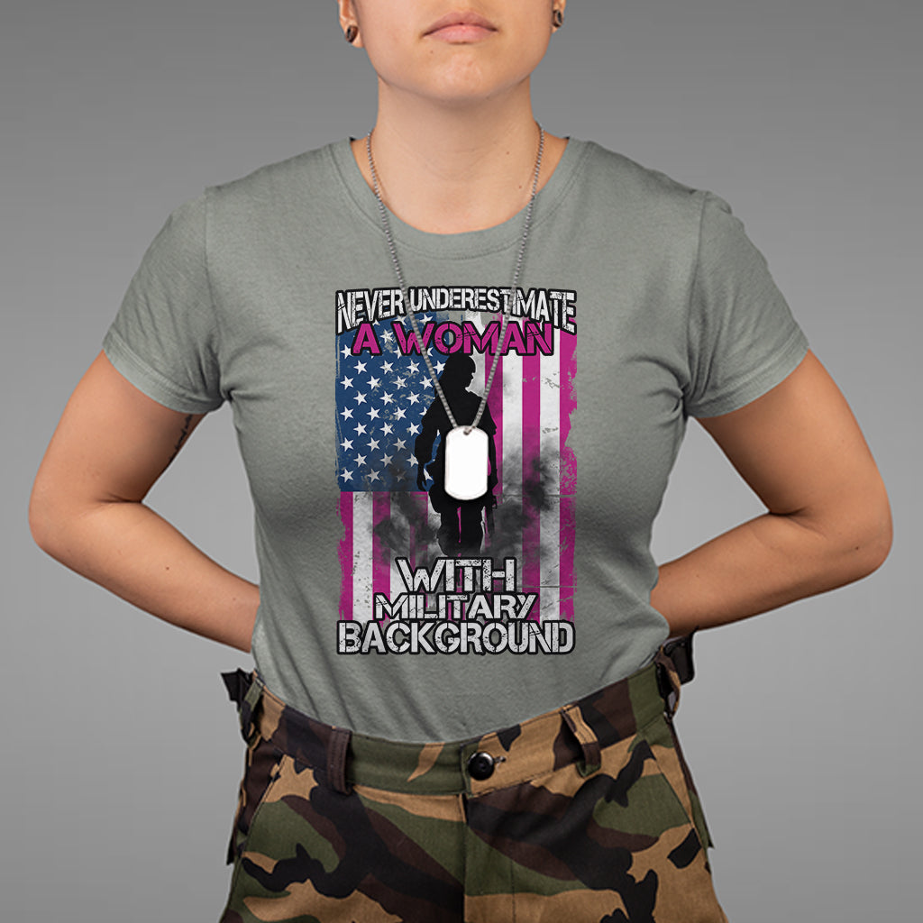 Female Veteran T Shirt Never Underestimate A Woman With Military Background American Flag - Wonder Print Shop