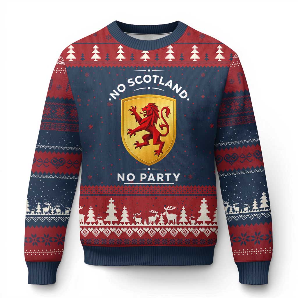 No Scotland No Party Gold Heraldic Shield Red Lion Rampant Ugly Christmas Sweater Game Day Soccer Fans Football Tournament