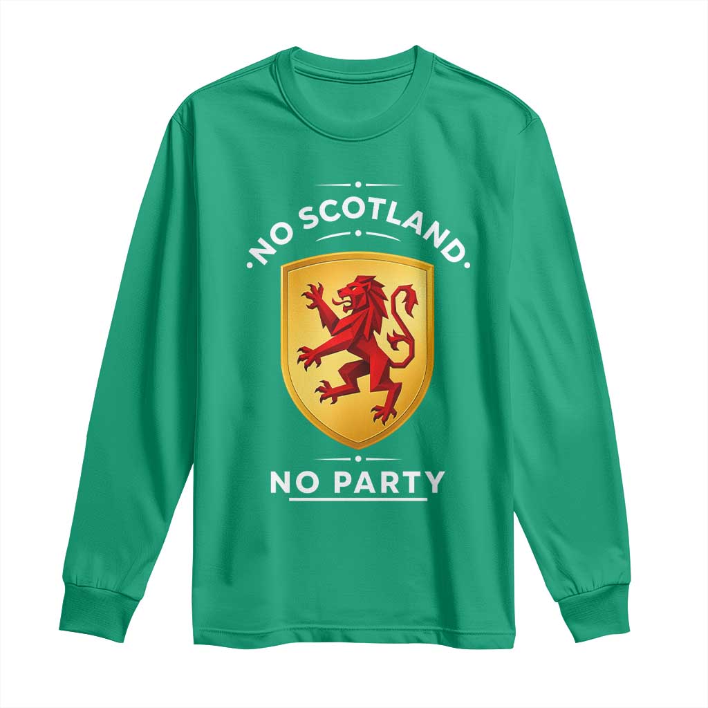 No Scotland No Party Gold Heraldic Shield Red Lion Rampant Long Sleeve Shirt Game Day Soccer Fans Football Tournament