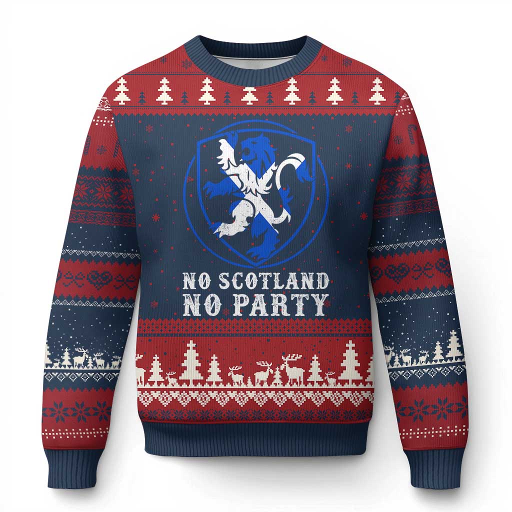 No Scotland No Party Distressed Shield Saltire Cross Ugly Christmas Sweater Vintage Football Fans Game Day