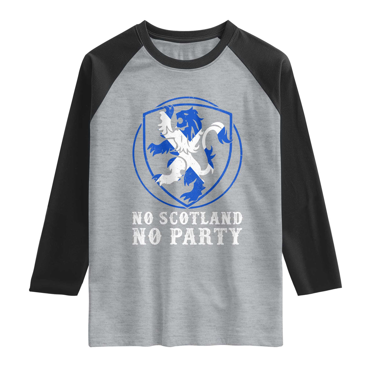 No Scotland No Party Distressed Shield Saltire Cross Raglan Shirt Vintage Football Fans Game Day