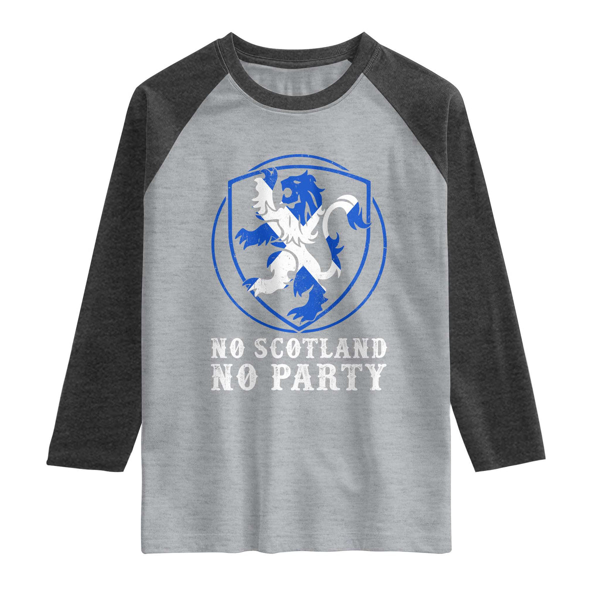No Scotland No Party Distressed Shield Saltire Cross Raglan Shirt Vintage Football Fans Game Day