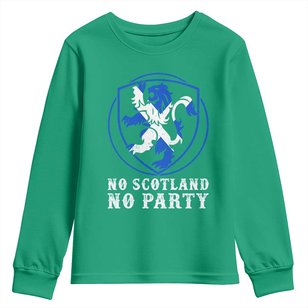 No Scotland No Party Distressed Shield Saltire Cross Youth Sweatshirt Vintage Football Fans Game Day