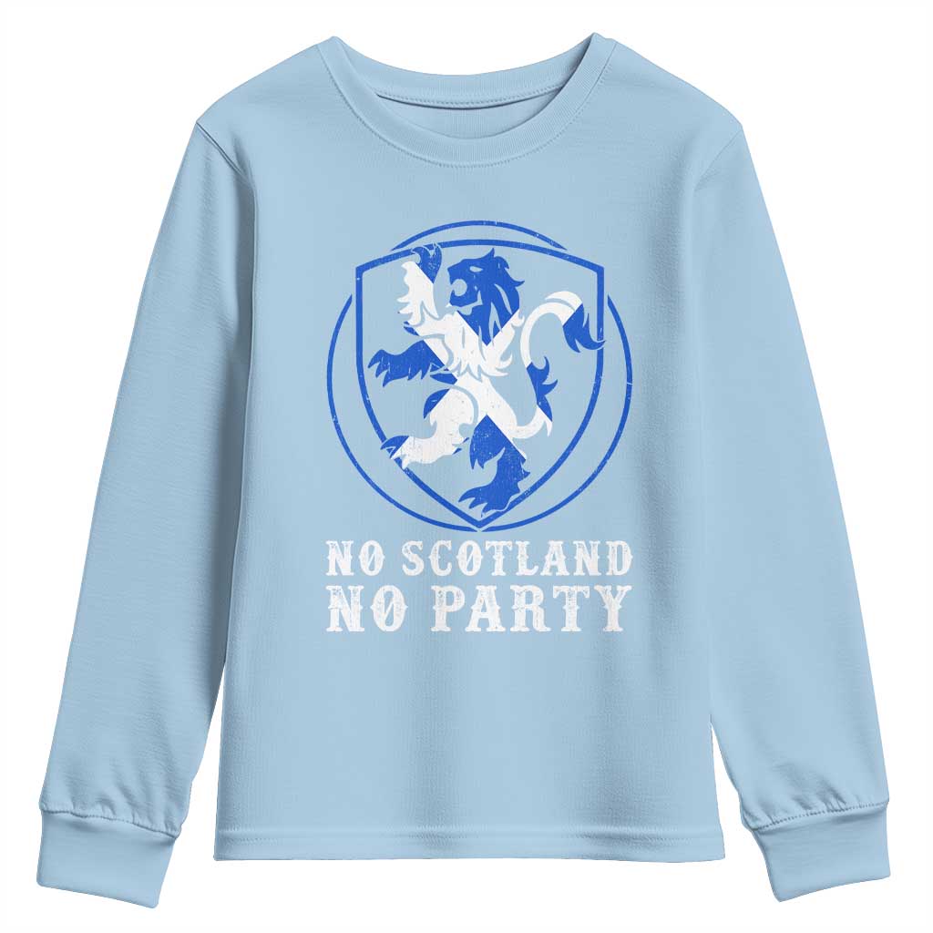 No Scotland No Party Distressed Shield Saltire Cross Youth Sweatshirt Vintage Football Fans Game Day