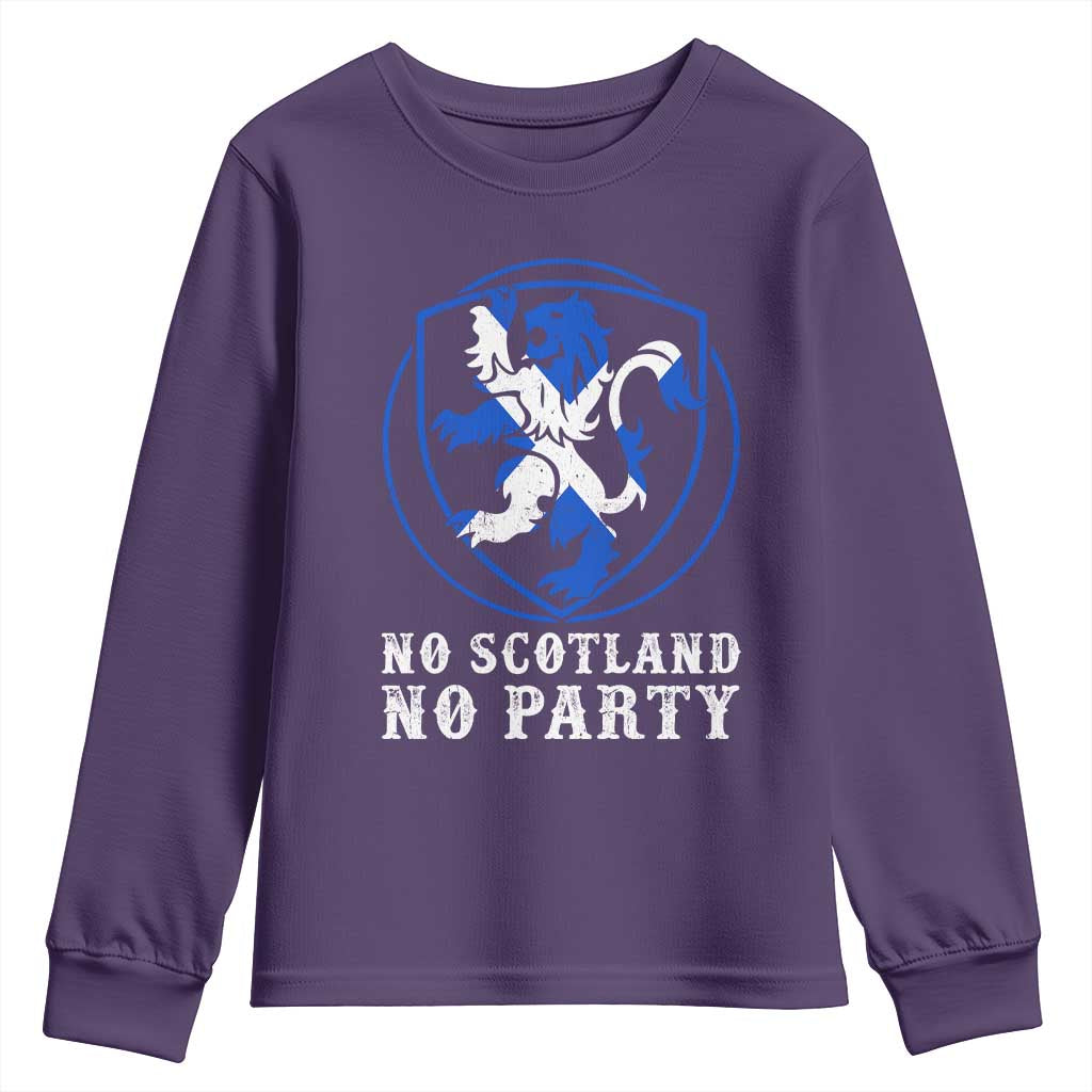 No Scotland No Party Distressed Shield Saltire Cross Youth Sweatshirt Vintage Football Fans Game Day