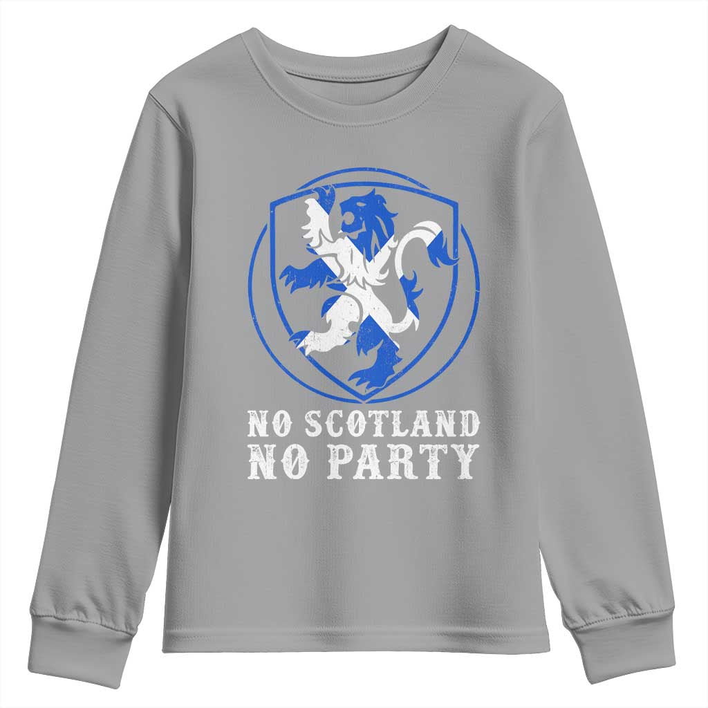 No Scotland No Party Distressed Shield Saltire Cross Youth Sweatshirt Vintage Football Fans Game Day