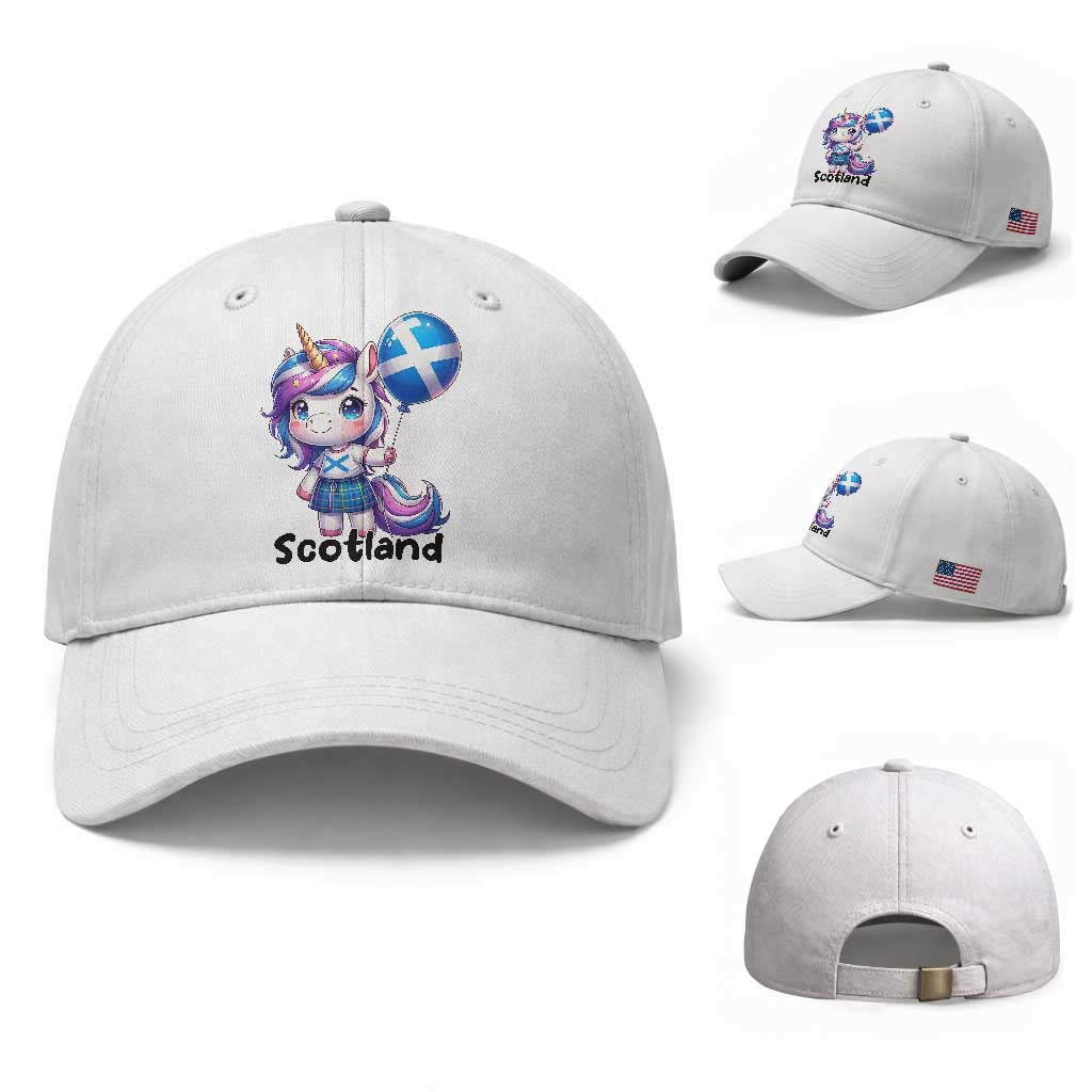 Cute Unicorn Wearing Tartan Kilt Holding Saltire Flag Graphic Baseball Cap