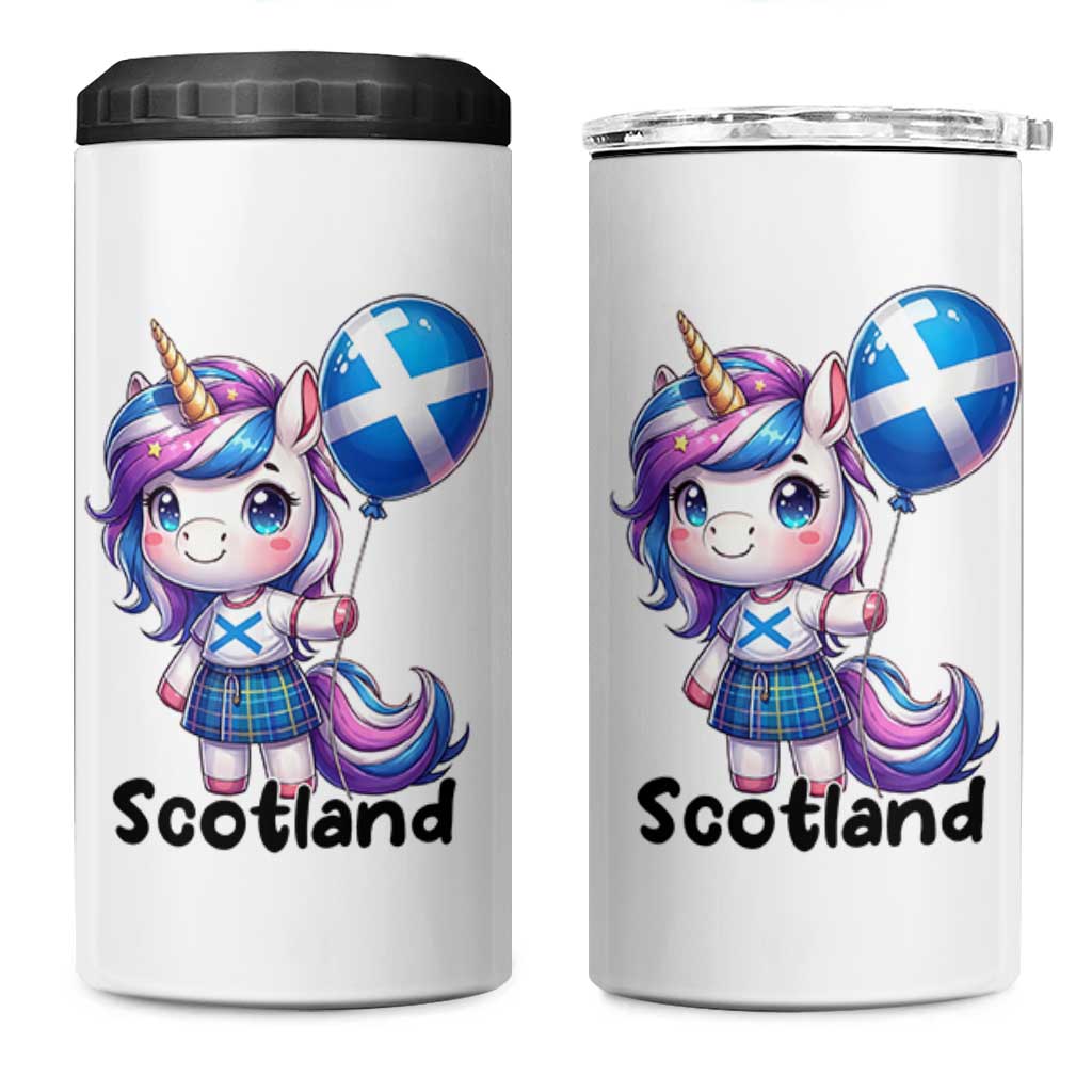 Cute Unicorn Wearing Tartan Kilt Holding Saltire Flag Graphic 4 in 1 Can Cooler Tumbler