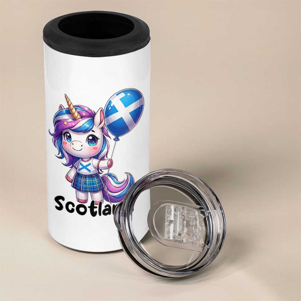 Cute Unicorn Wearing Tartan Kilt Holding Saltire Flag Graphic 4 in 1 Can Cooler Tumbler