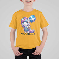 Cute Unicorn Wearing Tartan Kilt Holding Saltire Flag Graphic T Shirt For Kid