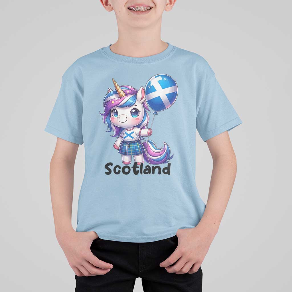 Cute Unicorn Wearing Tartan Kilt Holding Saltire Flag Graphic T Shirt For Kid