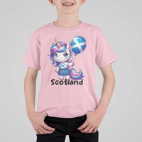 Cute Unicorn Wearing Tartan Kilt Holding Saltire Flag Graphic T Shirt For Kid
