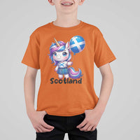 Cute Unicorn Wearing Tartan Kilt Holding Saltire Flag Graphic T Shirt For Kid