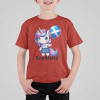 Cute Unicorn Wearing Tartan Kilt Holding Saltire Flag Graphic T Shirt For Kid