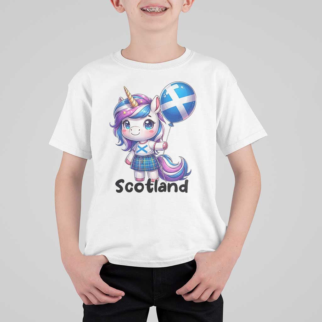Cute Unicorn Wearing Tartan Kilt Holding Saltire Flag Graphic T Shirt For Kid