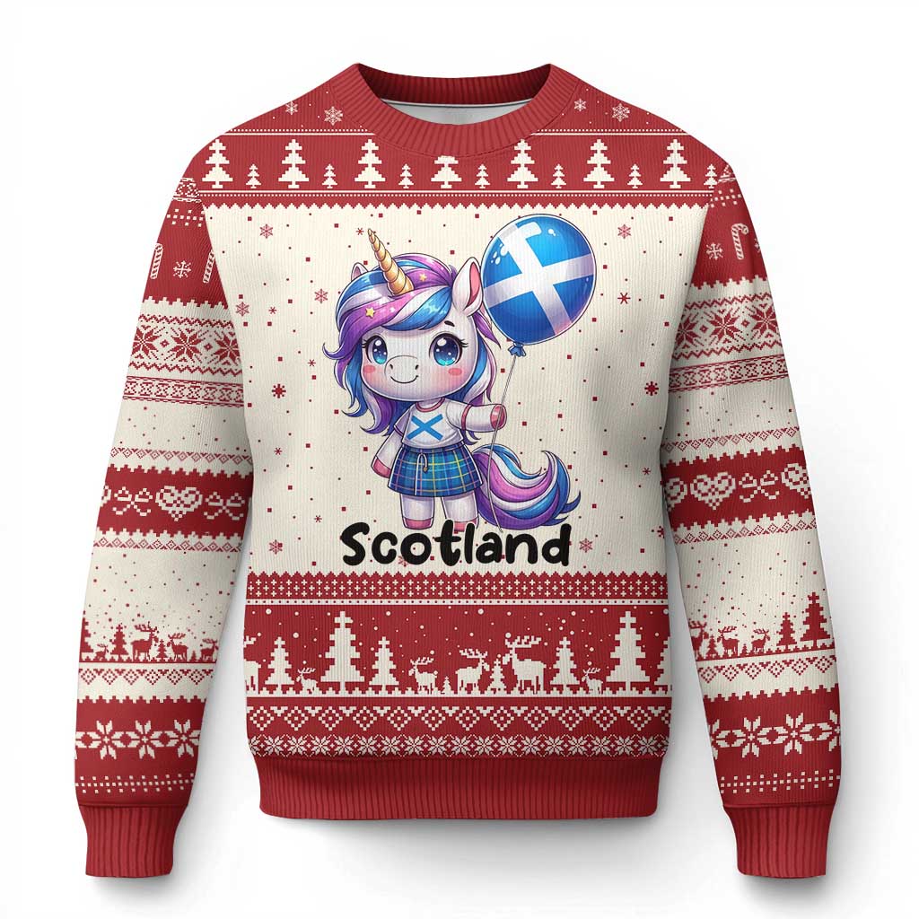 Cute Unicorn Wearing Tartan Kilt Holding Saltire Flag Graphic Ugly Christmas Sweater
