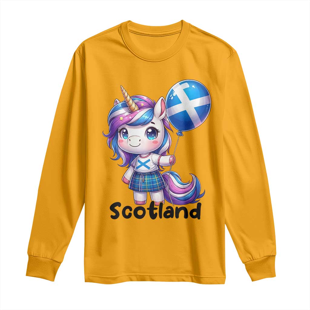 Cute Unicorn Wearing Tartan Kilt Holding Saltire Flag Graphic Long Sleeve Shirt