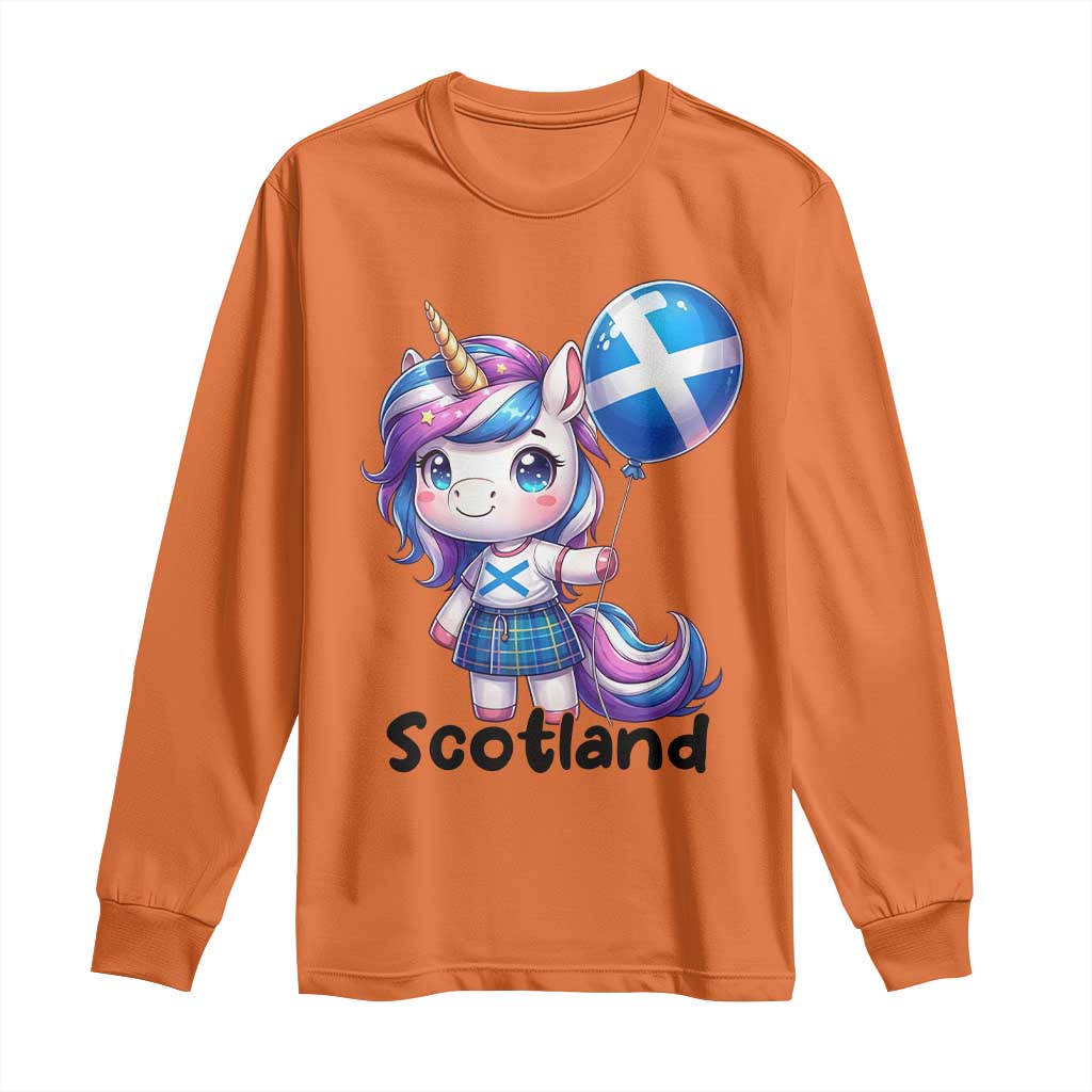 Cute Unicorn Wearing Tartan Kilt Holding Saltire Flag Graphic Long Sleeve Shirt
