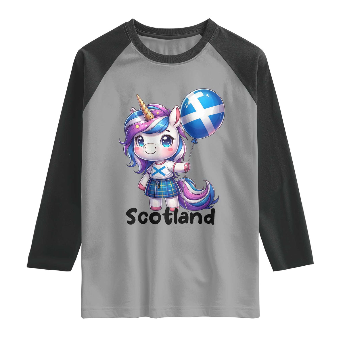 Cute Unicorn Wearing Tartan Kilt Holding Saltire Flag Graphic Raglan Shirt