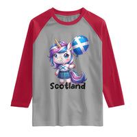 Cute Unicorn Wearing Tartan Kilt Holding Saltire Flag Graphic Raglan Shirt