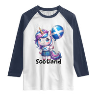 Cute Unicorn Wearing Tartan Kilt Holding Saltire Flag Graphic Raglan Shirt