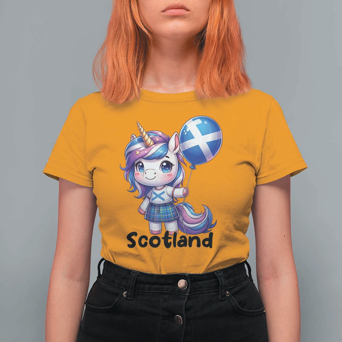 Cute Unicorn Wearing Tartan Kilt Holding Saltire Flag Graphic T Shirt For Women
