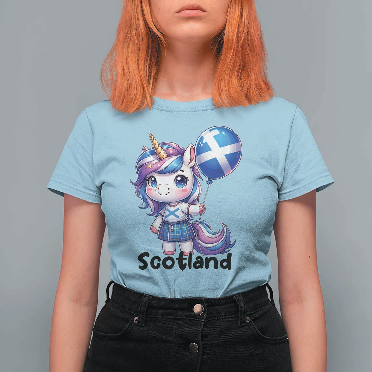 Cute Unicorn Wearing Tartan Kilt Holding Saltire Flag Graphic T Shirt For Women