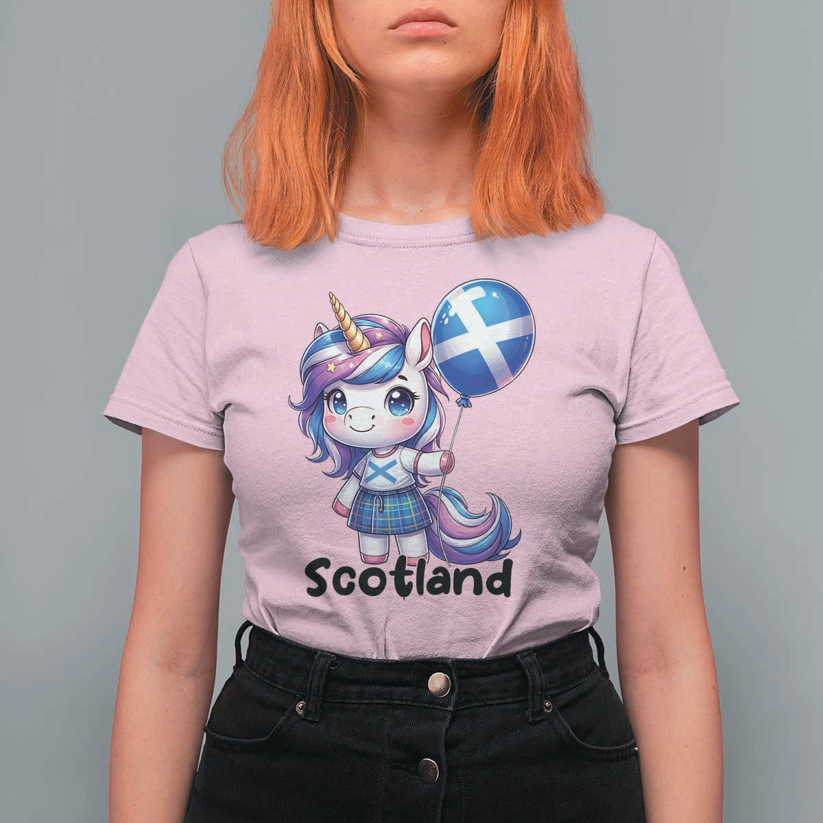 Cute Unicorn Wearing Tartan Kilt Holding Saltire Flag Graphic T Shirt For Women