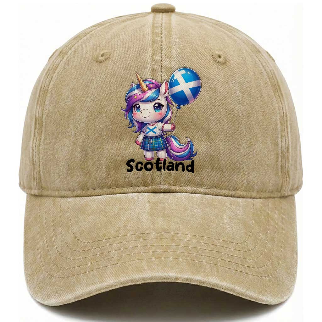 Cute Unicorn Wearing Tartan Kilt Holding Saltire Flag Graphic Washed Cotton Baseball Cap