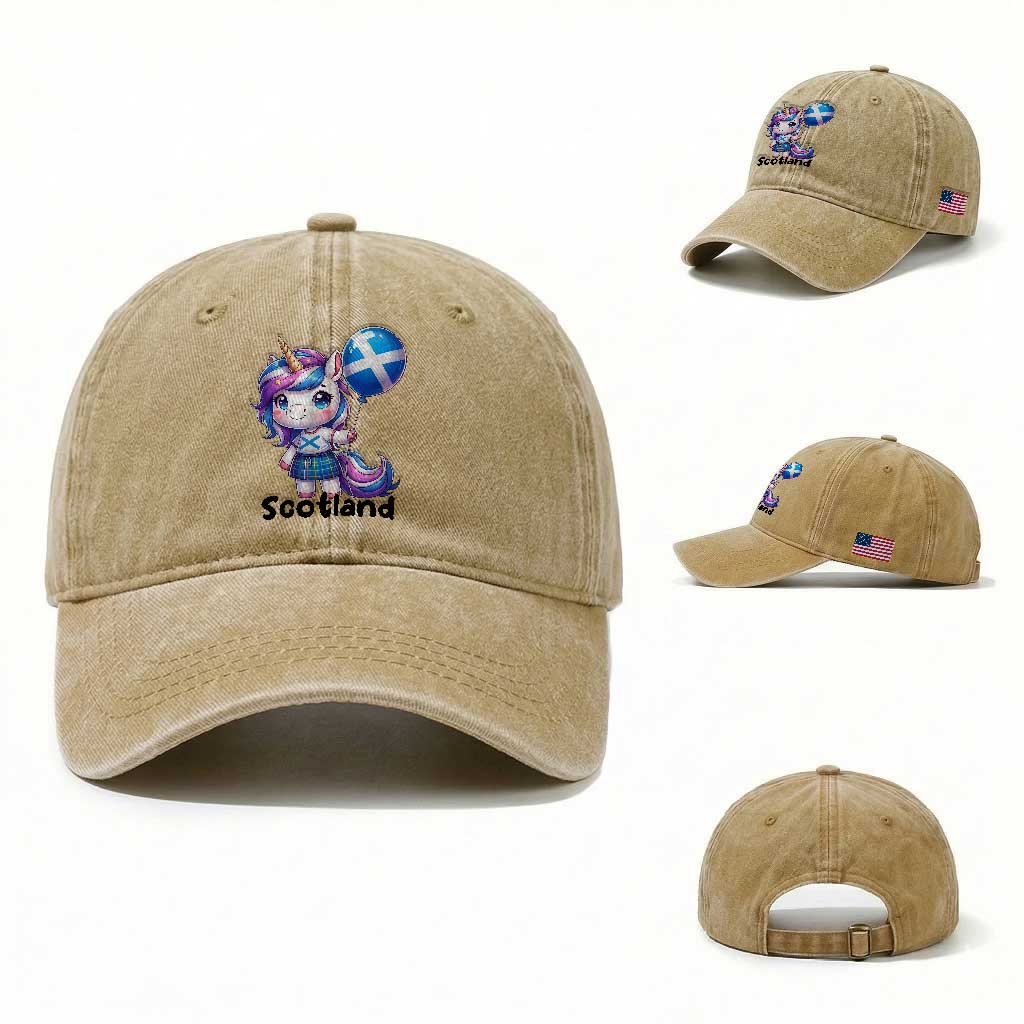 Cute Unicorn Wearing Tartan Kilt Holding Saltire Flag Graphic Washed Cotton Baseball Cap